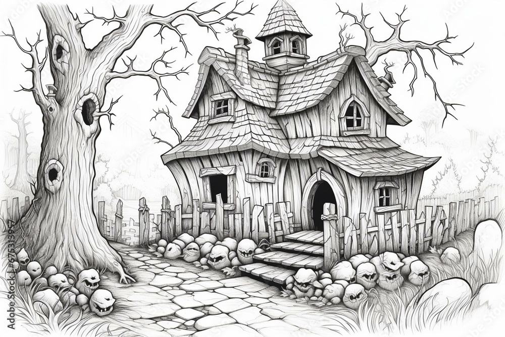 eerie spooky cottage with no colors, Halloween coloring sheet. Generative AI
