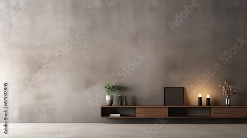 3D interior rendering of a potted plant, built-in wooden shelving on wall in the living room. photo