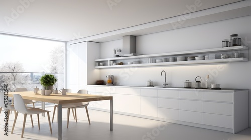3D rendering interior of a built-in kitchen counter in kitchen room.
