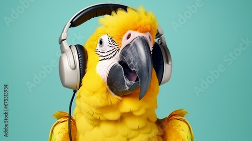 Parrot wearing headphones portrait on isolated blue background - ai generative