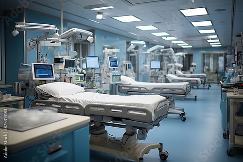 Interior of a modern operating room with beds and resuscitation and control monitors. ia generated