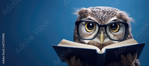 Owl in glasses with book on blue background. Owl reading, wisdom, reading develope concepte © vladico