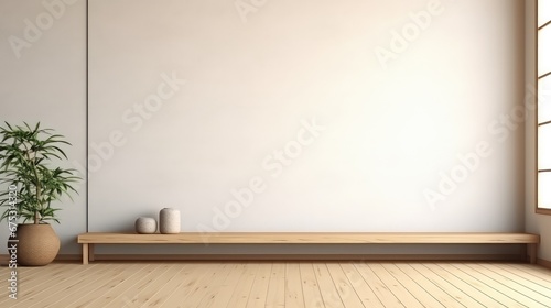 3D rendering of a wooden bench with a concrete wall background.