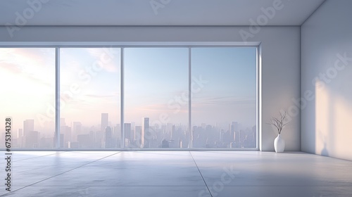 3D rendering of an empty room with a large window overlooking the cityscape. 