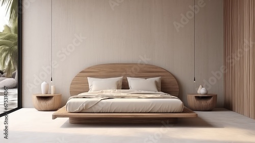 3D interior rendering of a bedroom with a  wooden bed headboard. 