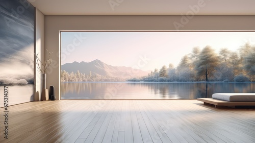 3D rendering interior of a bedroom with a large window overlooking a tree, lake and mountain scenery. © Aris Suwanmalee