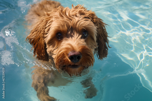 The close up detail of a fluffy brown dog’s face swimming in an outdoor pool under warm sunshine. Generative AI.