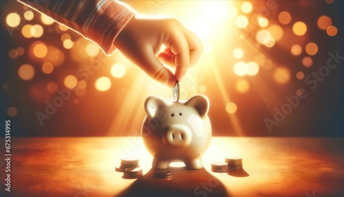 Little child hands inserting coin in piggy bank photo