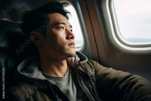 Generative AI picture portrait of traveler person inside modern airplane plane while flight looking illuminator © deagreez