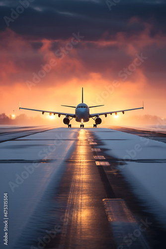 airplane landing at sunset