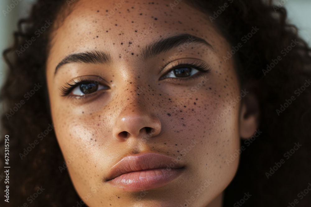 Generative AI closeup picture young curly attractive girl freckled face Generative AI closeup picture young curly attractive girl freckled face