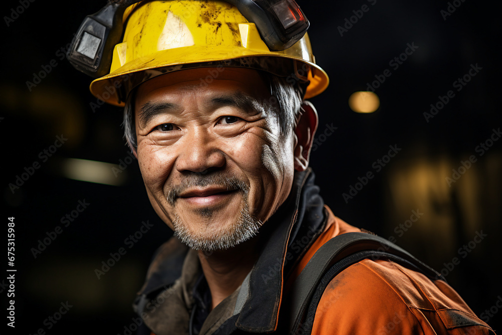 Fototapeta premium Generative ai technology portrait of mine worker wearing hardhat helmet standing in a mine