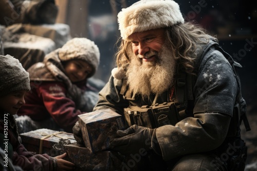 Santa Claus at War Time Refugee Camp Sending Gifts to Children Merry Christmas Peace No War World Conflict Resolution depicting Warmth Humanitarian International Aid Festive in Cold Freezing Winter 