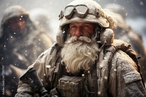 Santa Claus with Soldiers Fighting Going to War Merry Christmas Peace No War World Conflict Resolution depicting Warmth and Festive in Cold Freezing Winter 