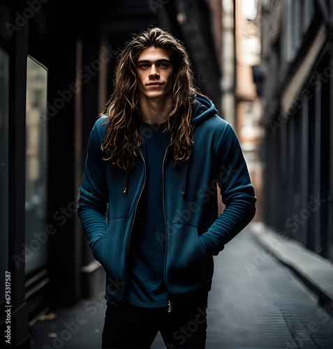 Long hair, Male model in a casual outfit, Generative AI