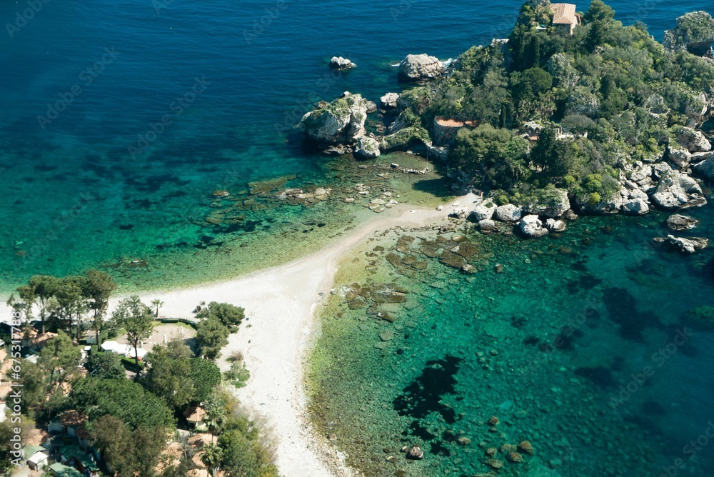 Top view of Isola Bella, Taormina, Sicily.