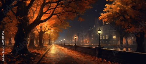 In the autumn night the black sky is illuminated by the soft glow of city lights creating a picturesque backdrop for the tree lined streets and the tranquil beauty of nature s landscape in 