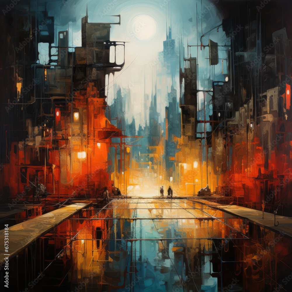 Naklejka premium An abstract cityscape in tones of blue and orange.