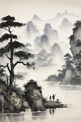 beauty of South Korean landscapes through traditional Chinese and watercolor illustrations. A stunning piece of art that captures the beauty of nature and can enhance the decor of your l Generative AI