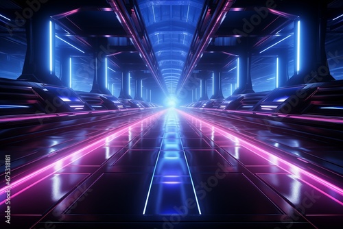 A digital space unreal path to the future of neon-colored flash lights and lines  a path  an alien road on another planet