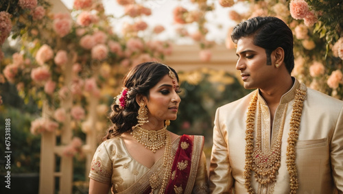 Indian bride and groom in gold jewelry, traditional outfits, stand in a blooming garden. Wedding ceremony, festive atmosphere, light colors. photo