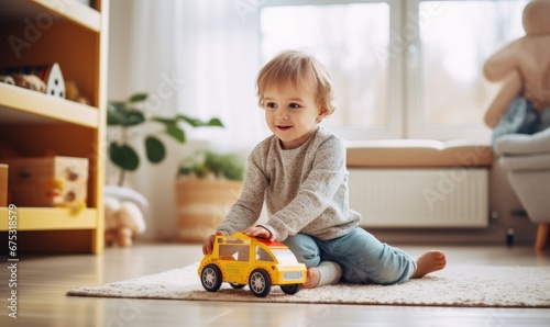 A Curious Toddler Engaged in Imaginative Play With a Miniature Truck