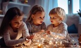 Three Smiling Girls in Excitement at Festive Holiday Decor