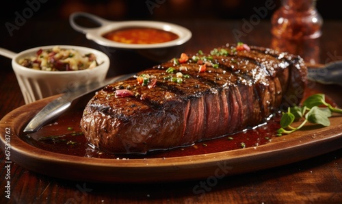 A Deliciously Grilled Steak Served with Savory Sauce and Flavorful Side Dish