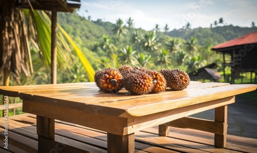 A Rustic Wooden Bench Overlooking a Serene Wood Deck