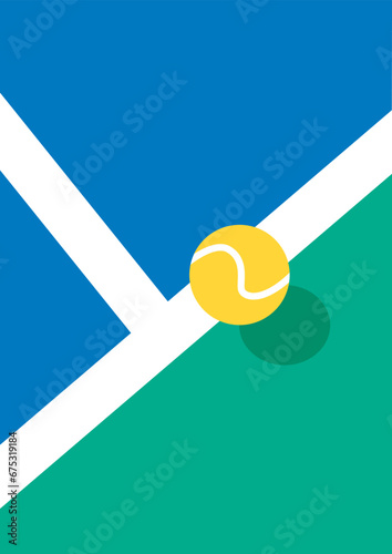 Poster tennis court with ball. Minimalist geometric shapes poster design. Minimalism. Decoration, wallpaper, presentations