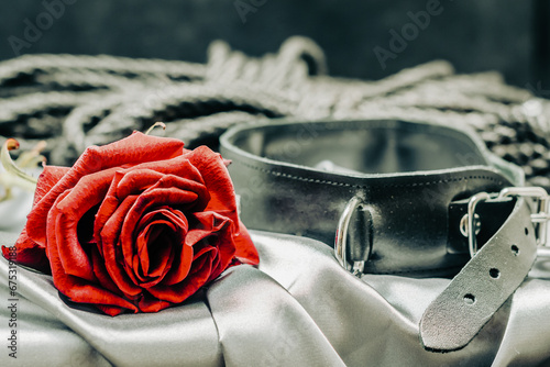 bdsm still life, black human collar, scarlet rose, hank of black rope for bondage (shibari) on a gray sheet on a black background