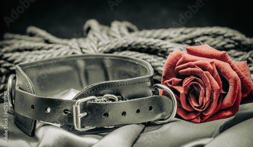 bdsm still life, black human collar, scarlet rose, hank of black rope for bondage shibari on a gray sheet on a black background