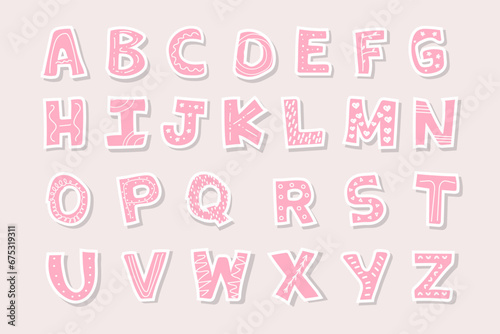 Cute hand drawn Latin alphabet for nursery room decor for girls. Good for posters  prints  cards  stickers  fonts  etc. Pink letters in  scandinavian style. Boho vector print