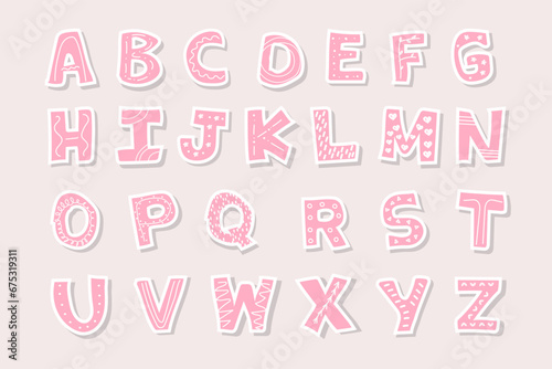 Cute hand drawn Latin alphabet for nursery room decor for girls. Good for posters, prints, cards, stickers, fonts, etc. Pink letters in  scandinavian style. Boho vector print