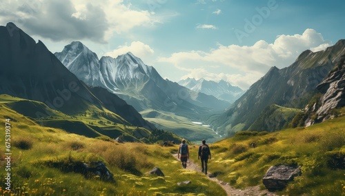Para podróżników na górskiej ścieżce. 