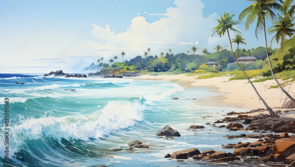 Słoneczna egzotyczna plaża z palmami.  - obrazy, fototapety, plakaty 