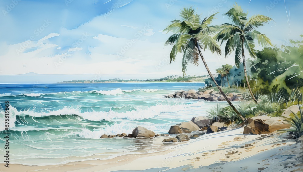 Egzotyczna kamienista plaża z palmami.  - obrazy, fototapety, plakaty 