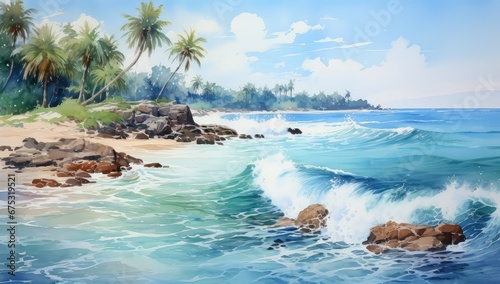 Słoneczna egzotyczna plaża z palmami. 