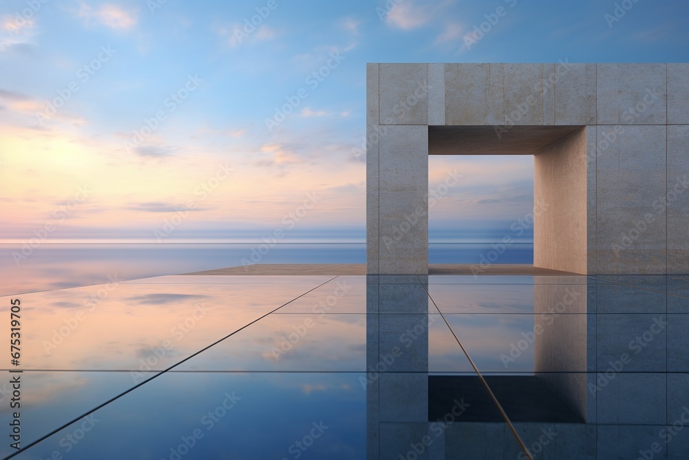 Architectural Serenity: A Panoramic Concrete Structure, Elegantly Embracing the Style of Calm Seas and Skies - Transparency, Opacity, and Tranquil Waters Architectural Serenity: A Panoramic Concrete Structure, Elegantly Embracing the Style of Calm Seas and Skies - Transparency, Opacity, and Tranquil Waters