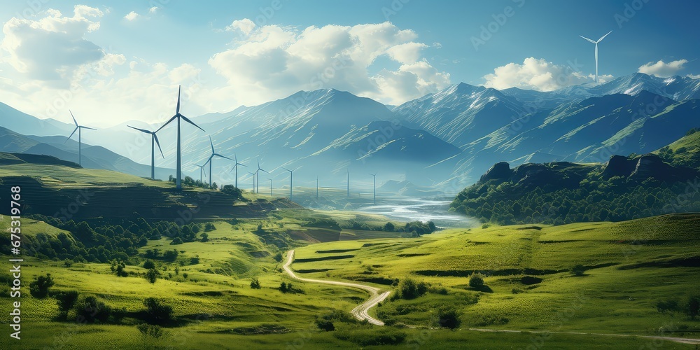 Widok na turbiny wiatrowe na pięknych zielonych polach.  - obrazy, fototapety, plakaty 