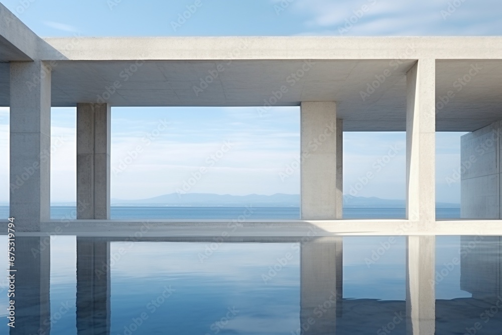 Architectural Serenity: A Panoramic Concrete Structure, Elegantly Embracing the Style of Calm Seas and Skies - Transparency, Opacity, and Tranquil Waters