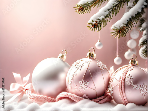 Adornos navideños debajo de una rama de abeto nevada. Decoración de Navidad en color rosa palo y blanco bajo un abeto con nieve. Hecho con IA.