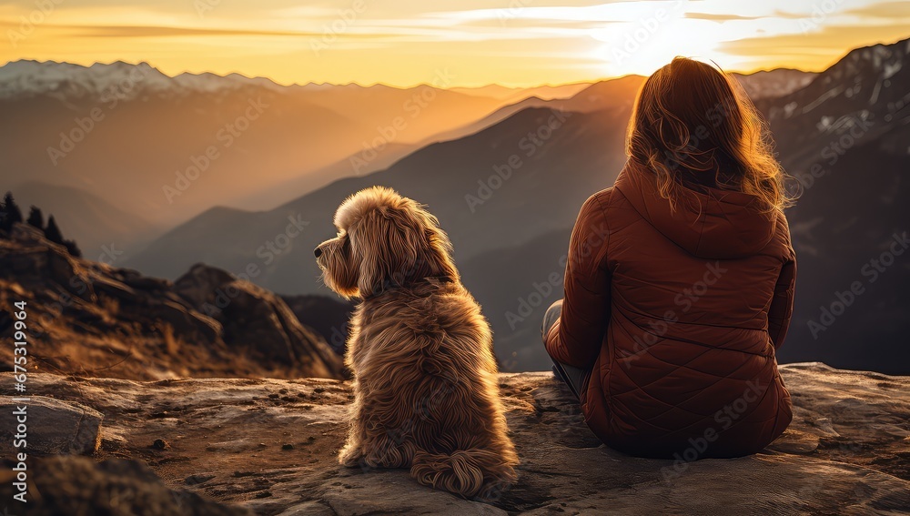 Kobieta z psem podziwiająca wschód słońca w górach.  - obrazy, fototapety, plakaty 