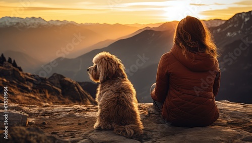Kobieta z psem podziwiająca wschód słońca w górach. 