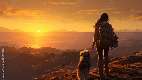 Dziewczyna z psem podziwiająca górski krajobraz