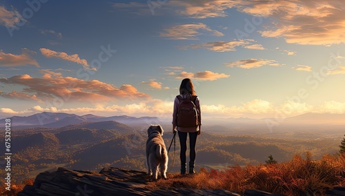 Dziewczyna z psem podziwiająca górski krajobraz photo
