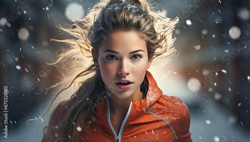 Piękna kobieta biegająca zimą ze śniegiem spadającym z nieba. 