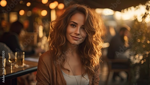 Piękna dziewczyna siedząca w restauracji przy barze. 