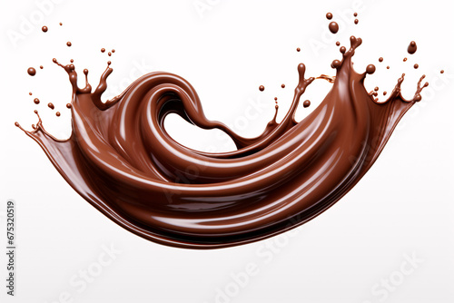 Melted chocolate splash, tasty chocolate wave floating in mid air isolated on white background, close up shot, food background.