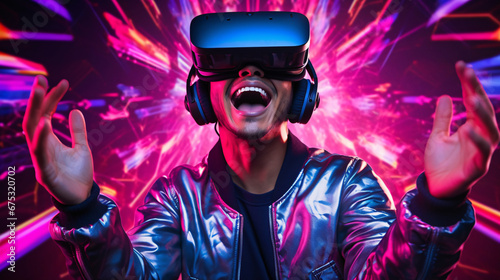A man wearing VR headset excited and enjoying futuristic virtual reality cyberspace  innovation technology and gaming concept.